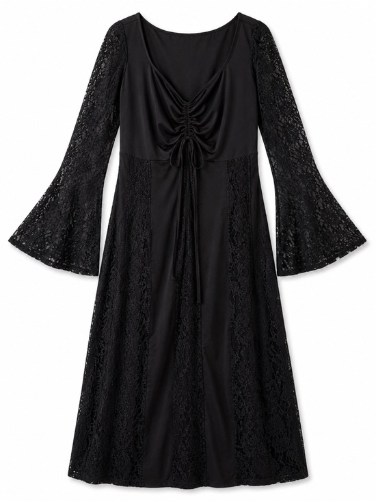 Cider Dresses & Skirts - Goth Boho Romantic Dress Black Lace Bell Sleeve Ruched Midi NWT SZ 1X